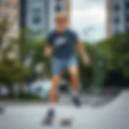 Stylish skateboarder wearing grey Nike shorts in an urban skate park