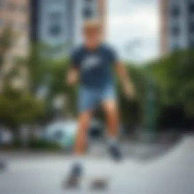 Urban Style: Grey Nike Shorts in Action Stylish skateboarder wearing grey Nike shorts in an urban skate park