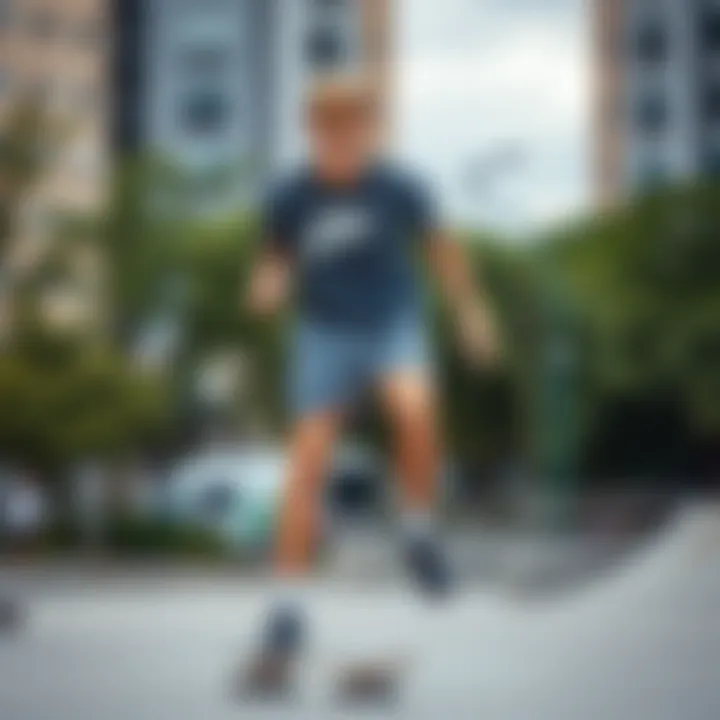 Urban Style: Grey Nike Shorts in Action Stylish skateboarder wearing grey Nike shorts in an urban skate park