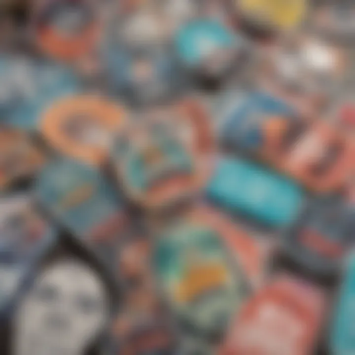 Colorful stickers showcasing humorous designs related to skateboarding culture