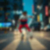 A skateboarder showcasing Fila apparel on a vibrant city street.