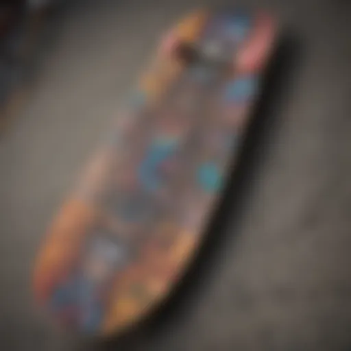 A vibrant skateboard deck with intricate designs showcasing urban art.