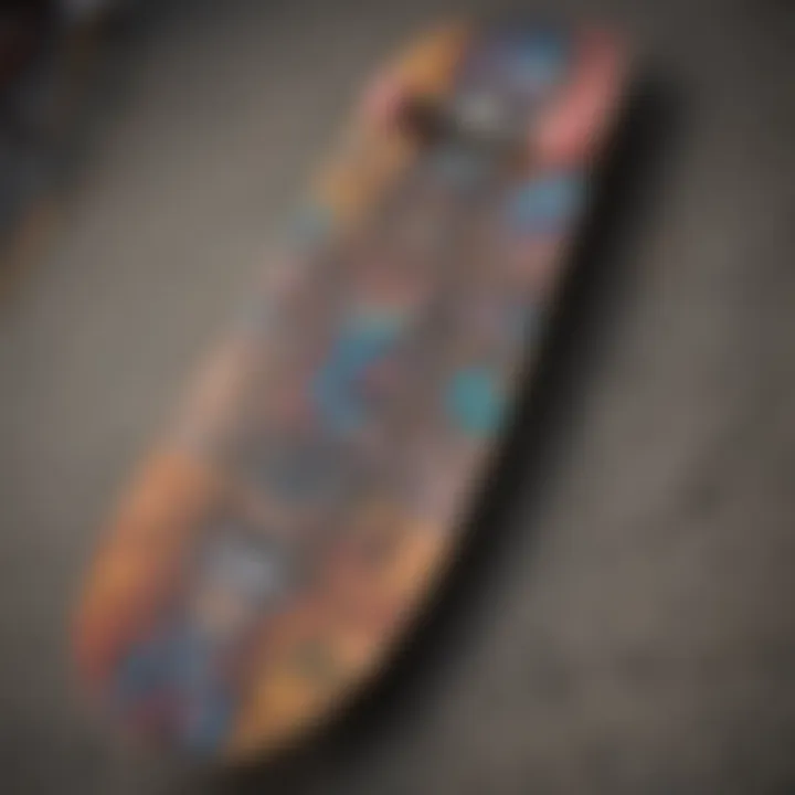 A vibrant skateboard deck with intricate designs showcasing urban art.