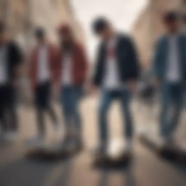 A group of skateboarders in trendy outfits on a city street.