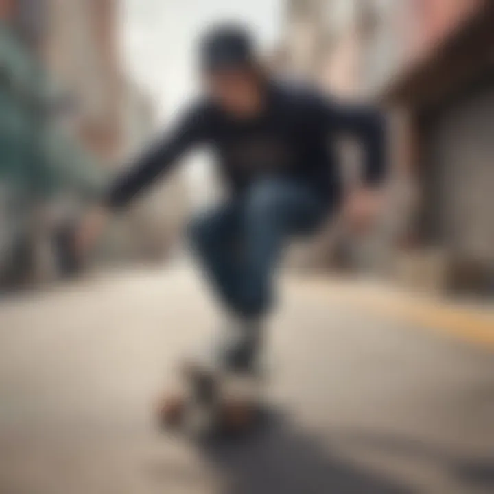 Skater showcasing a deck with anime graphics in an urban setting