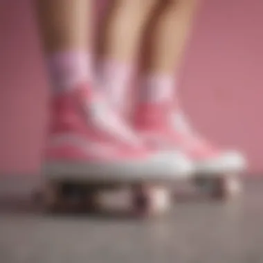 Different aesthetic pairings of pink Vans socks with skate gear.