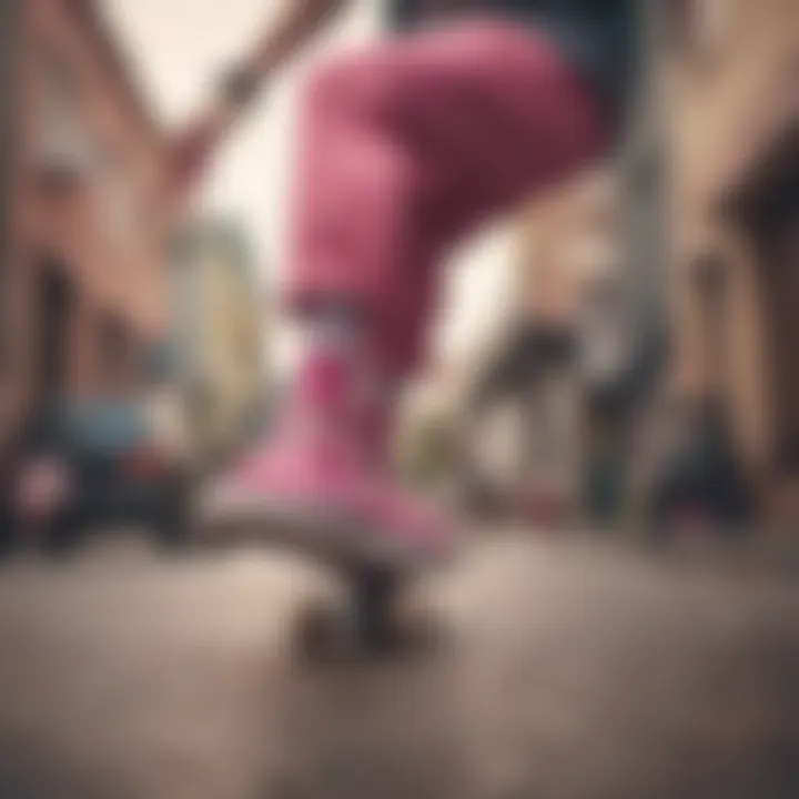 A skateboarder performing tricks while wearing pink Vans socks.