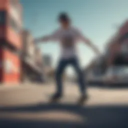 Dynamic skateboarder showcasing Toy Machine shirt in urban environment