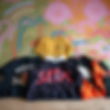 Collection of diverse graphic tee sweaters laid out against a colorful backdrop