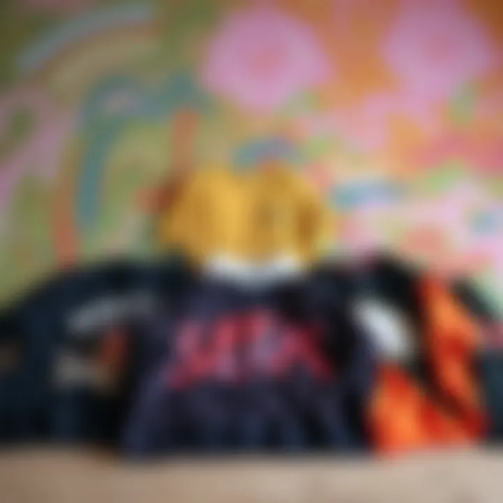 Collection of diverse graphic tee sweaters laid out against a colorful backdrop