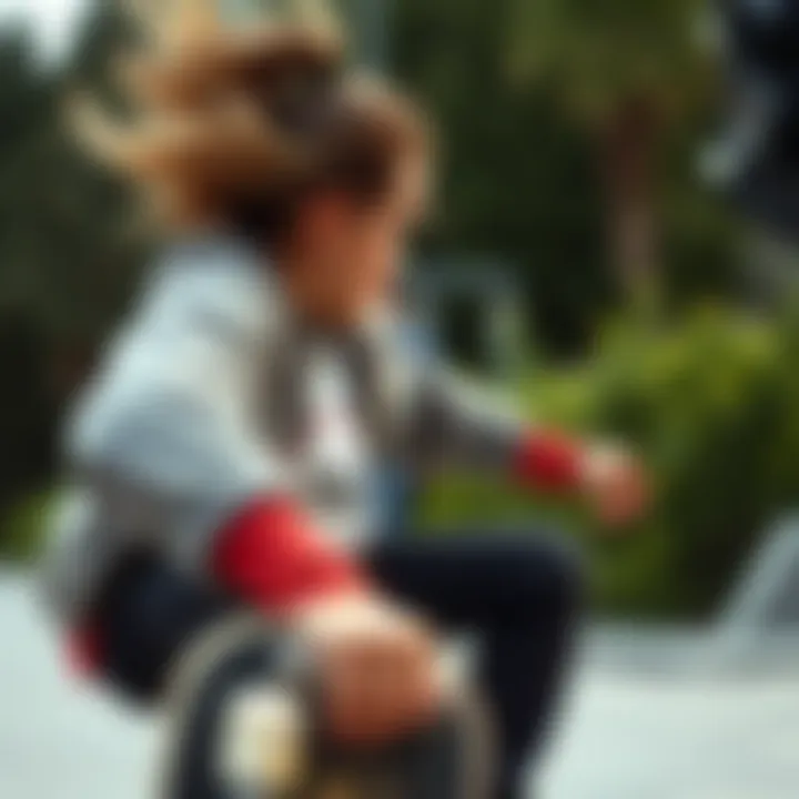 Close-up of a skateboarder wearing a graphic tee sweater in action