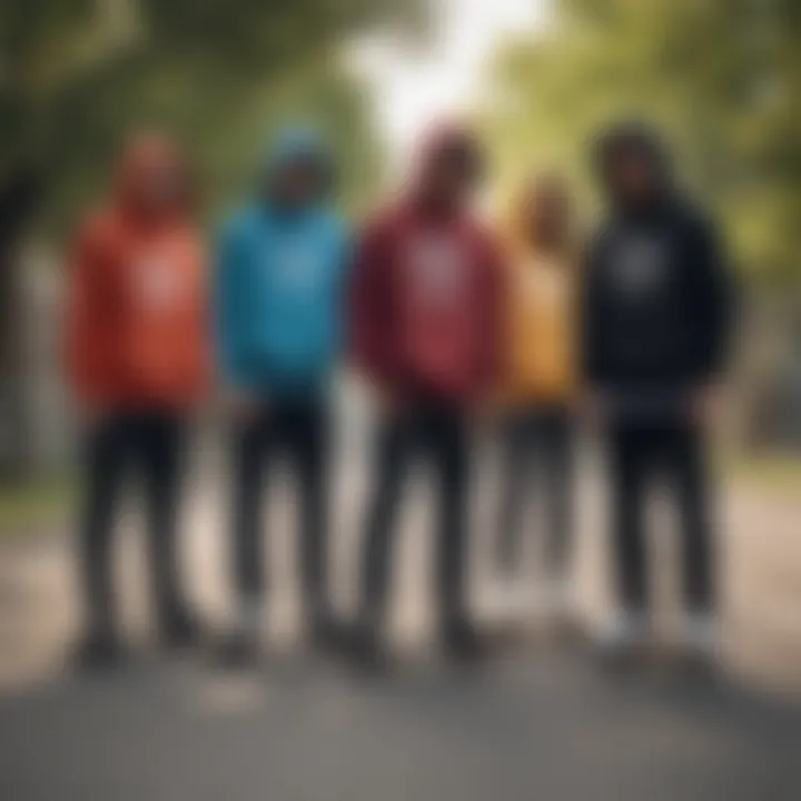 Group of skateboarders wearing Krew hoodies during a skate session