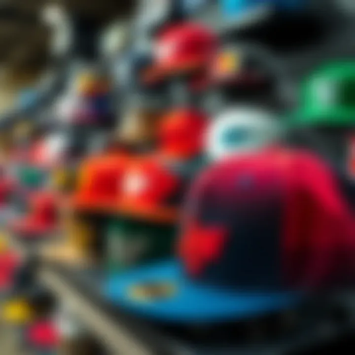 An arrangement of popular snapback brands displayed on a retail shelf