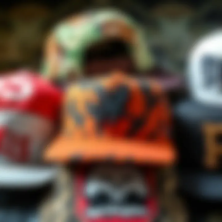 A close-up of various snapback designs showcasing unique patterns and colors