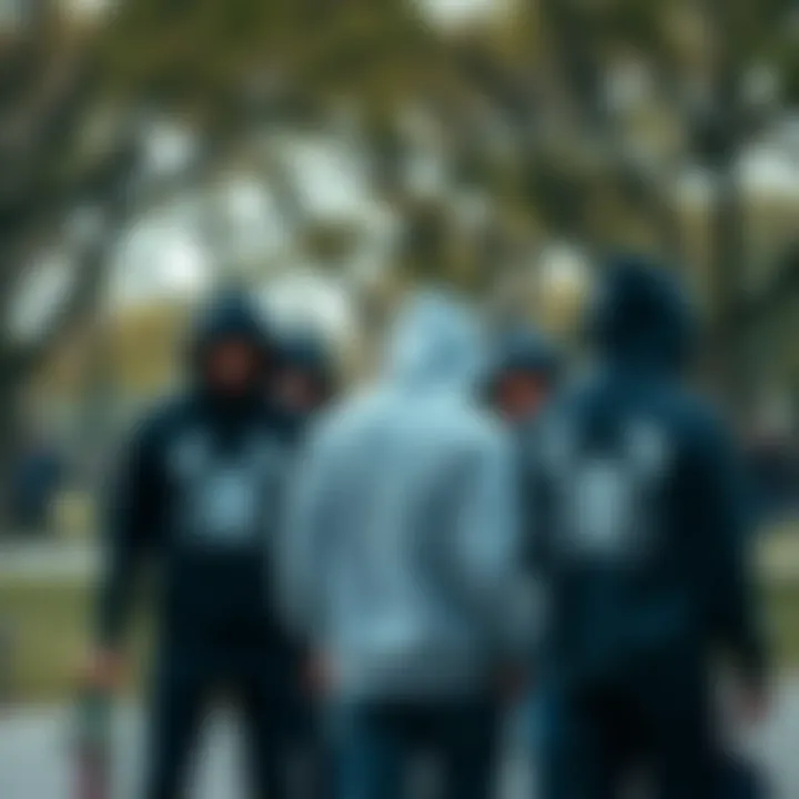 Community of Skaters in Style Group of skateboarders showcasing scorpion hoodies in a park