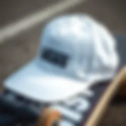 Classic white Vans hat resting on a skateboard