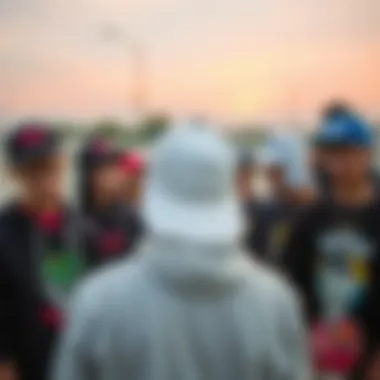 Group of skateboarders at a skatepark wearing various Vans hats