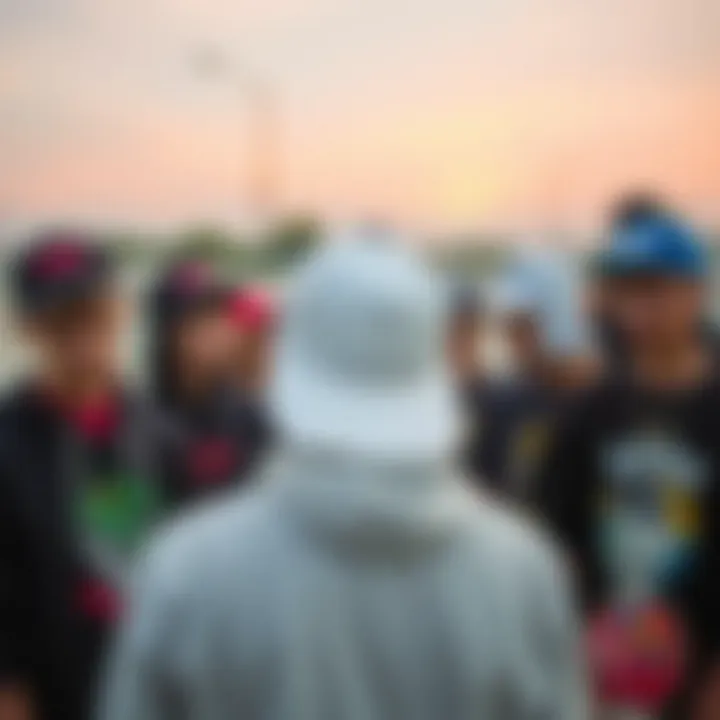 Group of skateboarders at a skatepark wearing various Vans hats