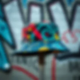 A vibrant skater bucket hat displayed against a graffiti background