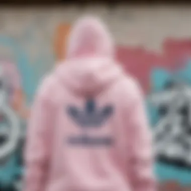 Adidas logo prominently displayed on the pastel hoodie against a graffiti backdrop