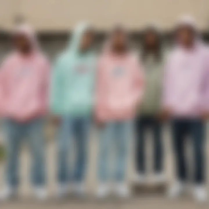 Group of skateboarders wearing Adidas pastel hoodies, highlighting community and style