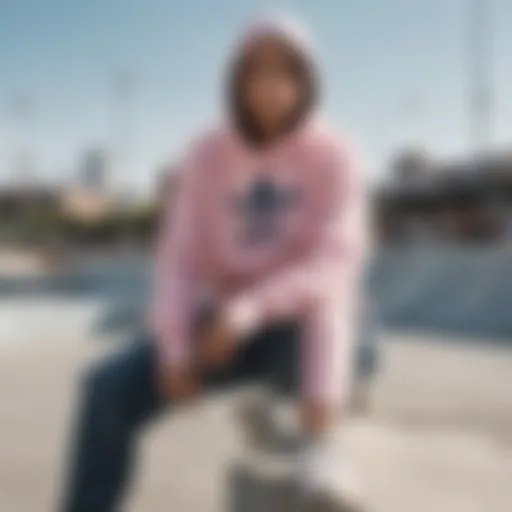 Adidas pastel hoodie showcased in an urban skatepark setting