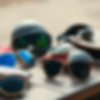 A collection of Ray-Ban eyewear displayed with skate gear