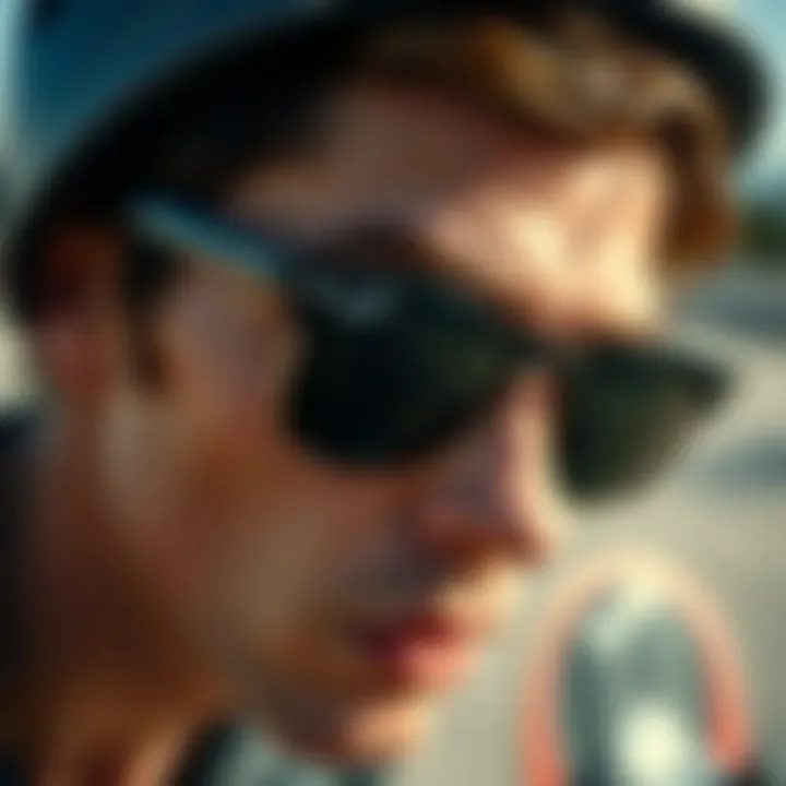Close-up of a skateboarder wearing Ray-Ban sunglasses