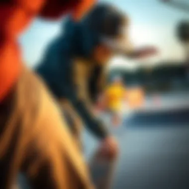 Skateboarder Performing Tricks An artistic scene of a skateboarder performing tricks while wearing a 5 panel hat, emphasizing functionality.