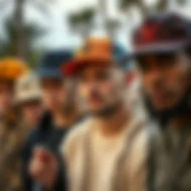 Skateboarders in 5 Panel Hats A group of skateboarders wearing diverse 5 panel hats, representing different styles.