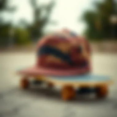5 Panel Hat on Skateboard A stylish 5 panel hat resting on a skateboard, showcasing its integration into skate culture.