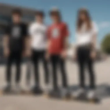 A group of skateboarders with fashionable black fanny packs, emphasizing their trendiness.