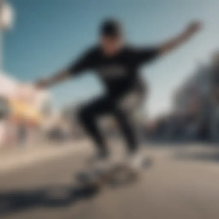 A skater performing tricks while wearing a cute black fanny pack, highlighting utility.