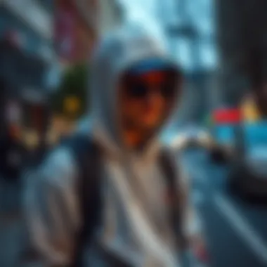 Street Style: Ash Grey Hoodie with Skate Gear Ash grey zip-up hoodie paired with skateboarding gear on a city street