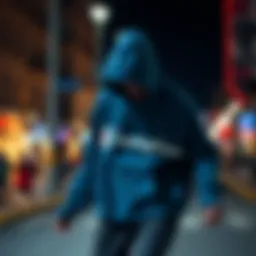 A skateboarder wearing an extra large Champion hoodie during a street performance