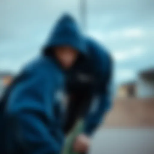 Stylish navy hoodie worn by a skateboarder