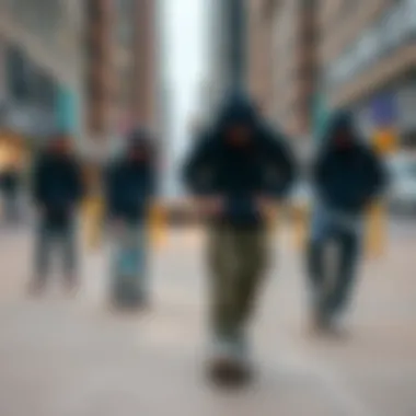 Urban Skateboarders in Navy Hoodies Skateboarders showcasing navy hoodies in an urban setting