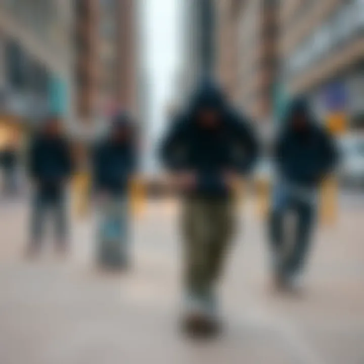 Urban Skateboarders in Navy Hoodies Skateboarders showcasing navy hoodies in an urban setting