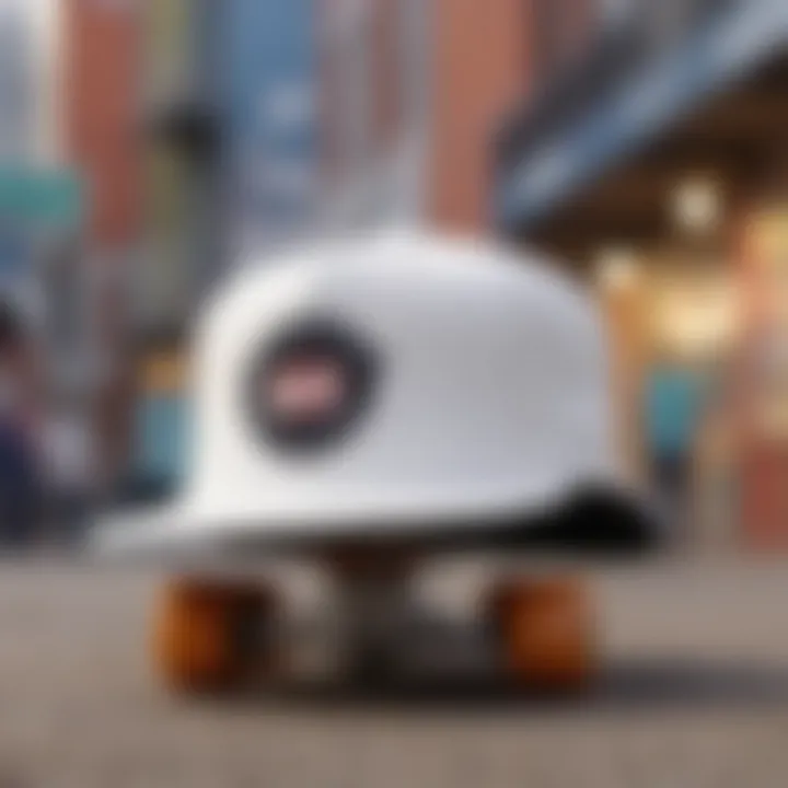 Close-up of a white Brixton hat on a skateboard in a vibrant urban setting.