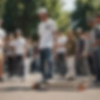 Group of skateboarders gathered, showcasing diverse styles with the white Brixton hat as a focal point.