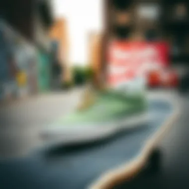 Thyme green vans displayed on a skate deck against an urban backdrop.