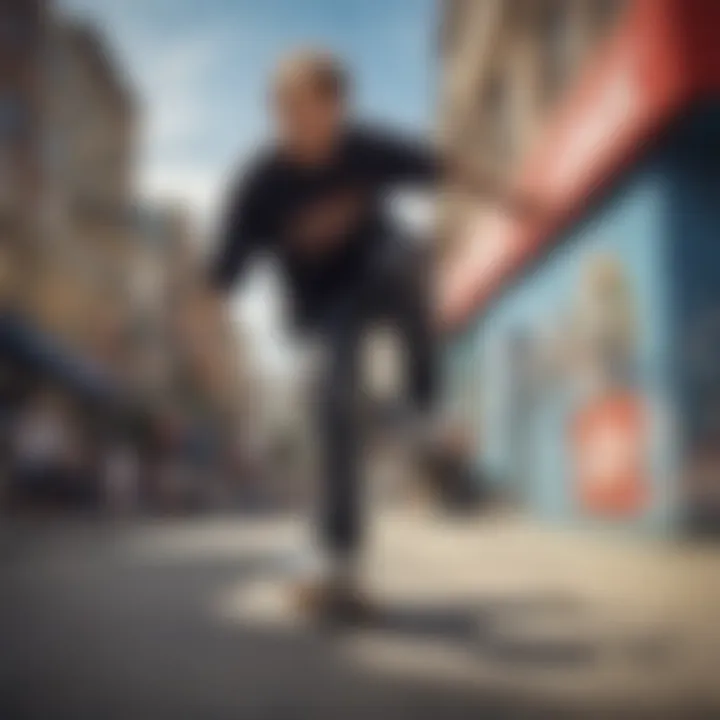 Tony Hawk performing a skateboard trick in a vibrant urban setting