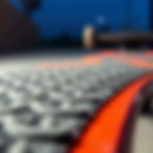 Close-up view of textured grip tape on skateboard