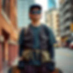 A street style shot featuring a utility vest paired with skateboarding gear against an urban backdrop.