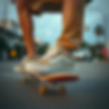 Skateboarding with Vans Authentic Beige A skateboarder wearing Vans Authentic Beige performing a trick