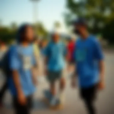 Skateboarding Scene Featuring Vans Blue Butterfly Apparel A vibrant skateboarding scene with individuals wearing Vans Blue Butterfly apparel