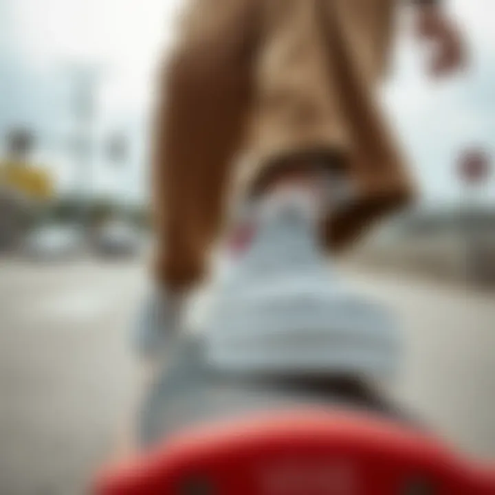 Skateboarding in Vans Classic Slip-On Skateboarder wearing Vans Classic Checker Slip-On in action