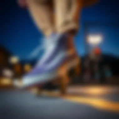 Skateboarding with Vans Sk8-Hi Grape Leaf Skateboarder performing tricks while wearing Vans Sk8-Hi Grape Leaf sneakers