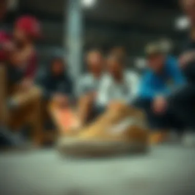 Group of skateboarders discussing style and gear with Vans Suede Old Skool Mule in focus