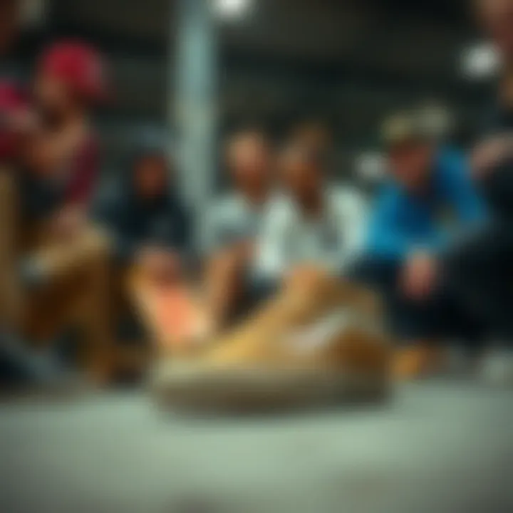 Group of skateboarders discussing style and gear with Vans Suede Old Skool Mule in focus